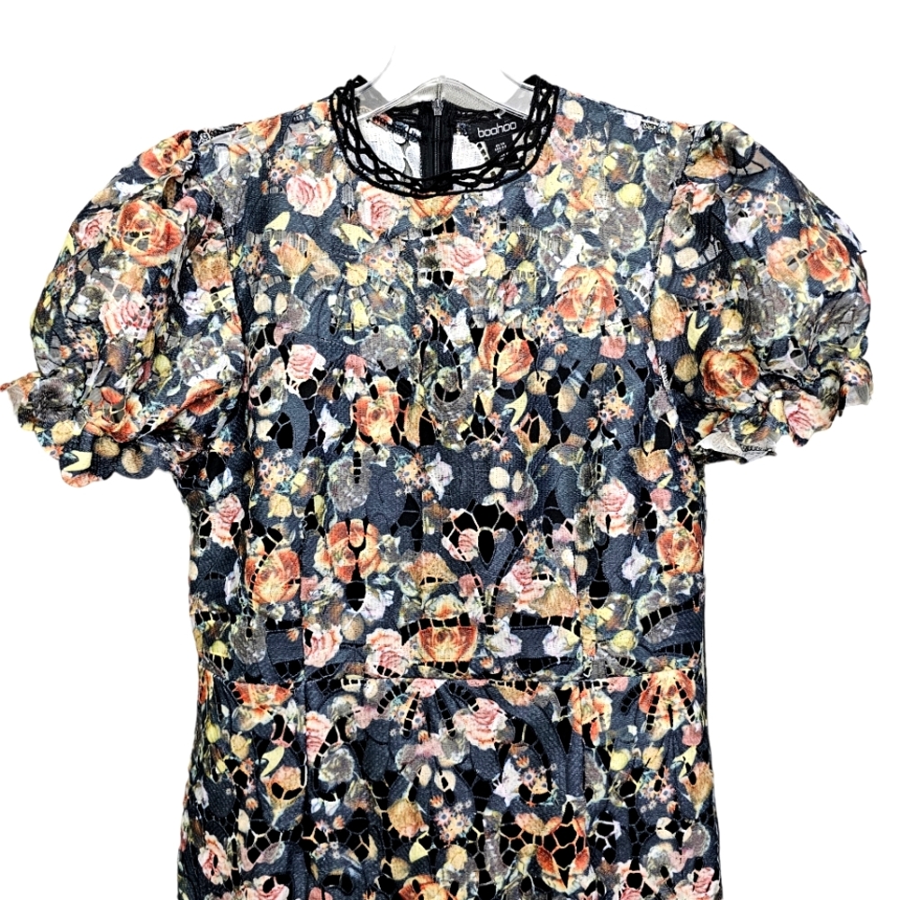 Nwot Boohoo Crochet Cutout Floral Lace Puff Sleeve Dress - Picture 8 of 17
